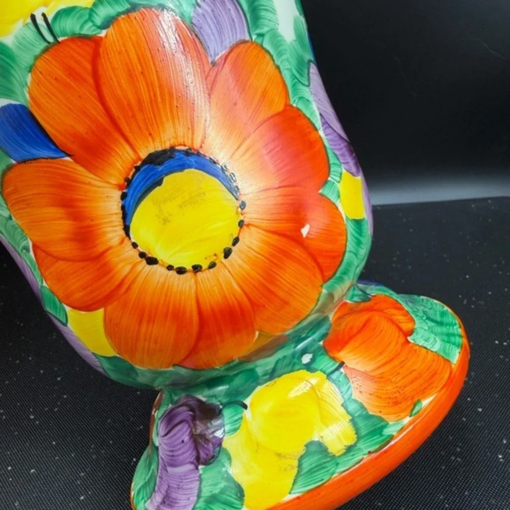 Vintage Czechoslovakia Hand Painted Floral Ceramic Vase Vessel Multi Color 1930s